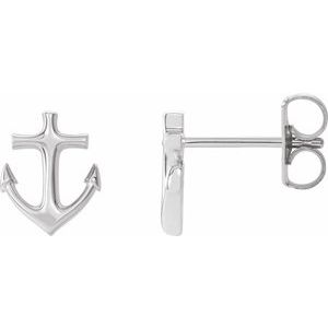14K White Gold 8.47 X 6.77 Mm Pair Friction Backs Included Polished Anchor Earrings