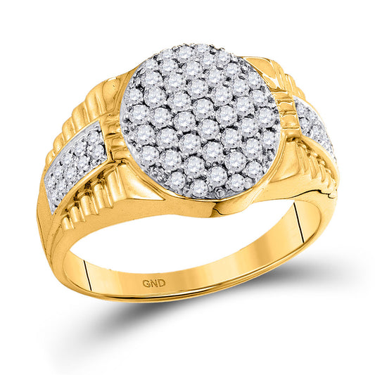 10K Yellow Gold Mens Round Diamond Oval Cluster Ring 1 Cttw, Mens Size: 7-13