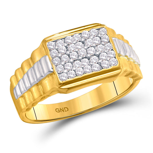 10K Yellow Gold Mens Round Diamond Rectangle Cluster Ribbed Two-tone Ring 1/2 Cttw, Mens Size: 7-13