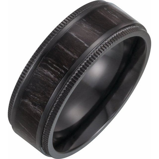 Black Titanium 8 mm Polished Coin-Edge Oak Wood Inlay Comfort-Fit Band Size 11.5