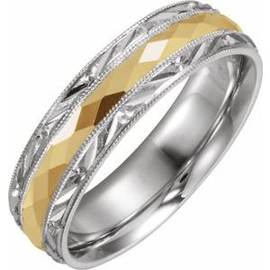 14K White/Yellow Gold 6 Mm Polished Design-Engraved Comfort-Fit Band With Milgrain Size 11