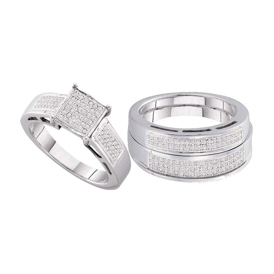 Sterling Silver His Hers Round Diamond Square Matching Wedding Set 5/8 Cttw, Womens Size: 5-10, Mens Size: 7-13