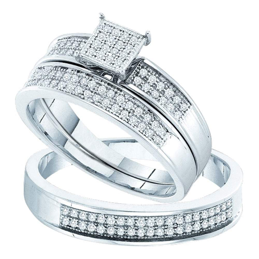 Sterling Silver His Hers Round Diamond Cluster Matching Wedding Set 1/3 Cttw, Womens Size: 5-10, Mens Size: 7-13