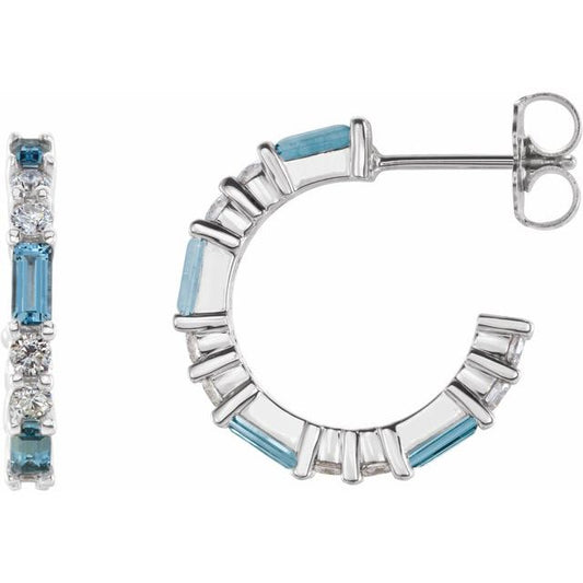 14K White Gold Straight Baguette 4 X 2 Mm Friction Back Polished Natural Aquamarine And 1/2 Ctw Natural Diamond Earrings