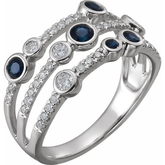 14K White Gold Round Polished Natural Blue Sapphire And 3/8 Ctw Natural Diamond Negative Space Ring, Size 7