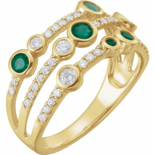 14K Yellow Gold Round Polished Natural Emerald And 3/8 Ctw Natural Diamond Negative Space Ring, Size 7