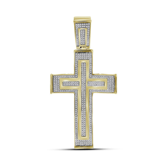 10K Yellow Gold Mens Round Diamond Cross Charm Pendant 7/8 Cttw