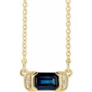 14K Yellow Gold Emerald 6 X 4Mm G-H I1 Lab-Grown Blue Sapphire And .02 Ctw Natural Diamond Bar Necklace, Length: 16 In
