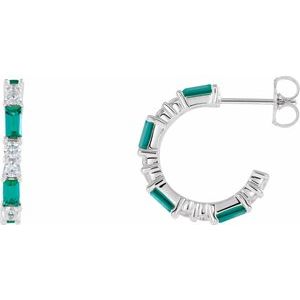 14K White Gold Straight Baguette 4 X 2 Mm Lab-Grown Emerald And 1/2 Ctw Natural Diamond Earrings