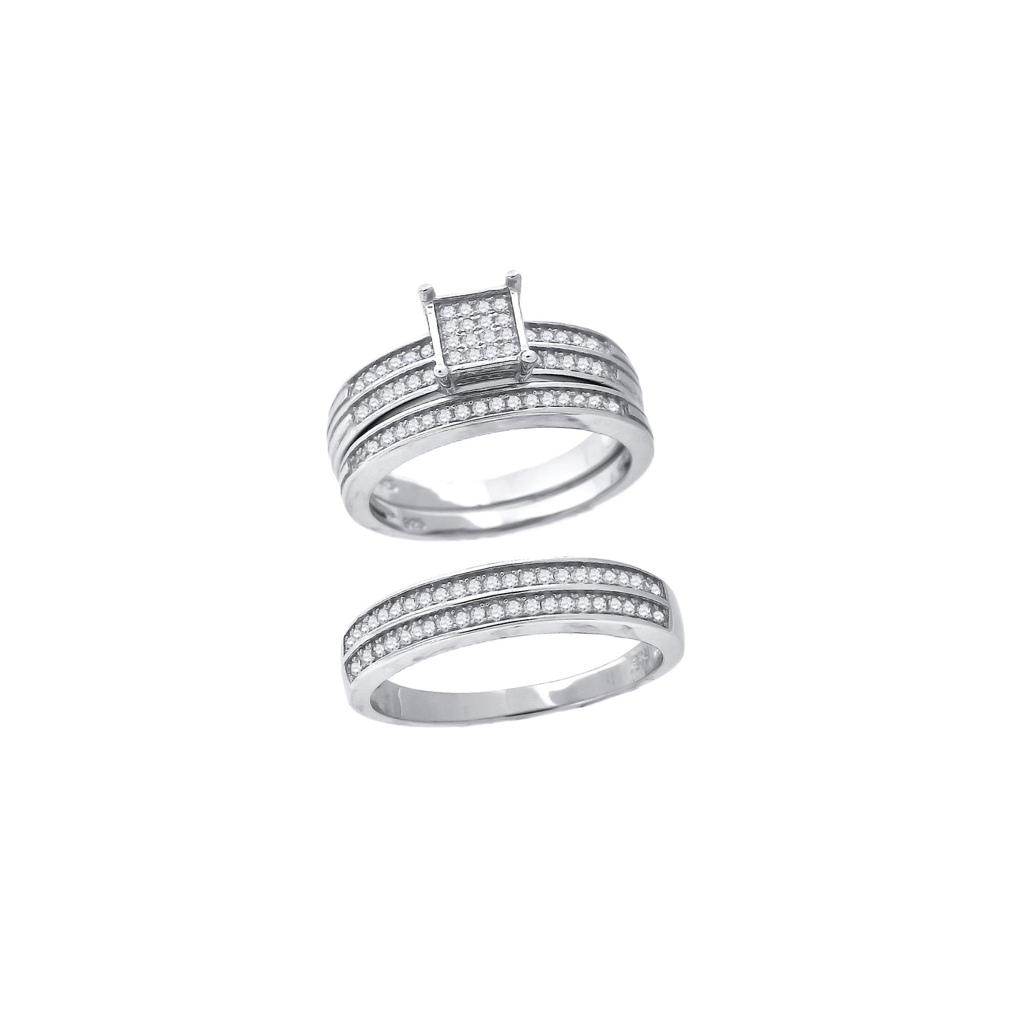 Sterling Silver Cubic-Zirconia Square Head Trio Bridal Anniversary Wedding Engagement Band Ring Set