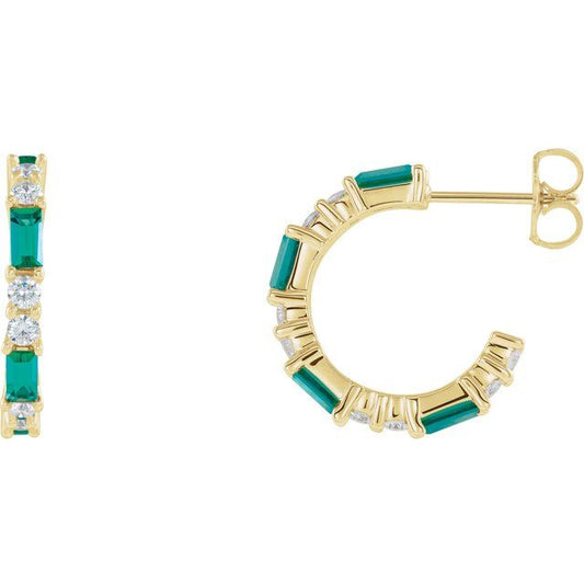 14K Yellow Gold Straight Baguette 4 X 2 Mm Friction Back Polished Lab-Grown Emerald And 1/2 Ctw Natural Diamond Earrings