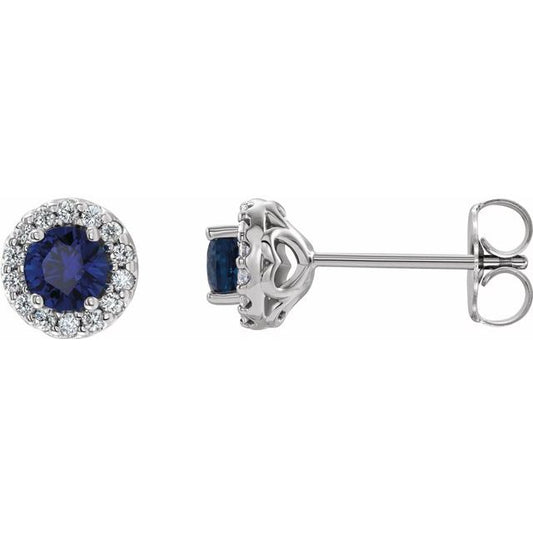 14K White Gold 4 Mm Round Friction Back Polished Natural Blue Sapphire And 1/8 Ctw Natural Diamond Earrings