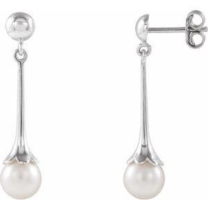 Sterling Silver Pearl 6.5 Mm Cultured White Freshwater Pearl Dangle Earrings