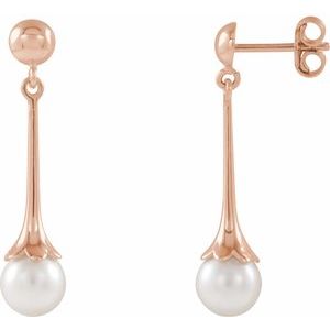 14K Rose Gold Pearl 6.5 Mm Cultured White Freshwater Pearl Dangle Earrings