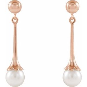 14K Rose Gold Pearl 6.5 Mm Cultured White Freshwater Pearl Dangle Earrings