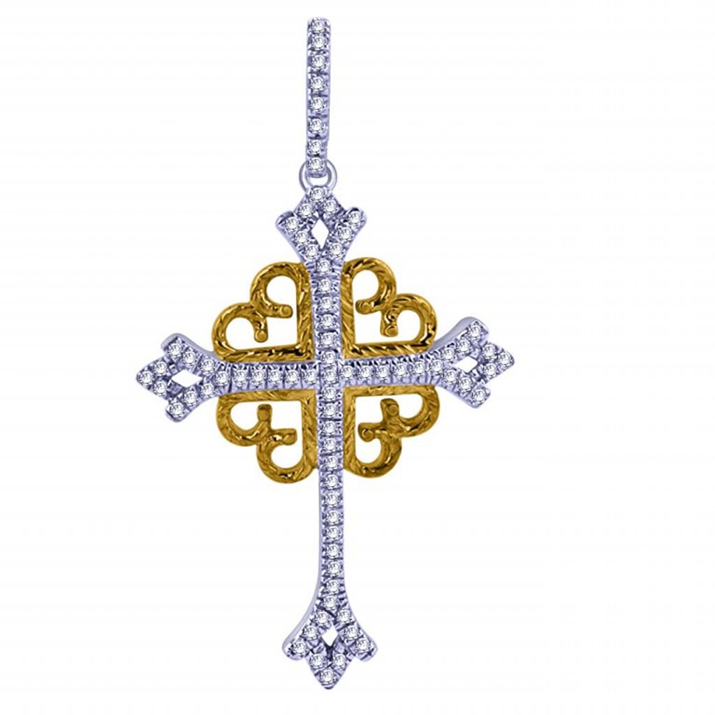 10K Two Tone Gold 0.12 Cttw Diamond Cross Charms