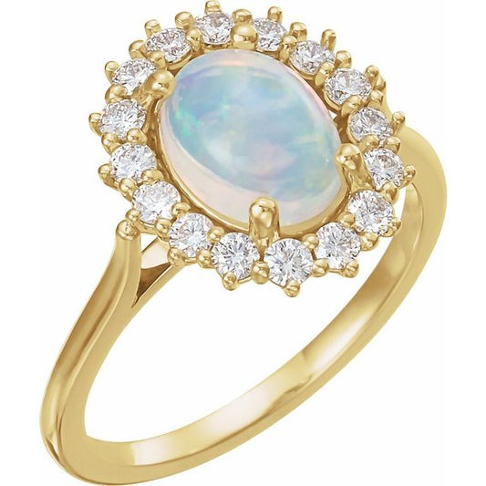 14K Yellow Gold Oval 8 X 6 Mm Polished Natural Ethiopian Opal And 3/8 Ctw Natural Diamond Halo-Style Ring, Size 7