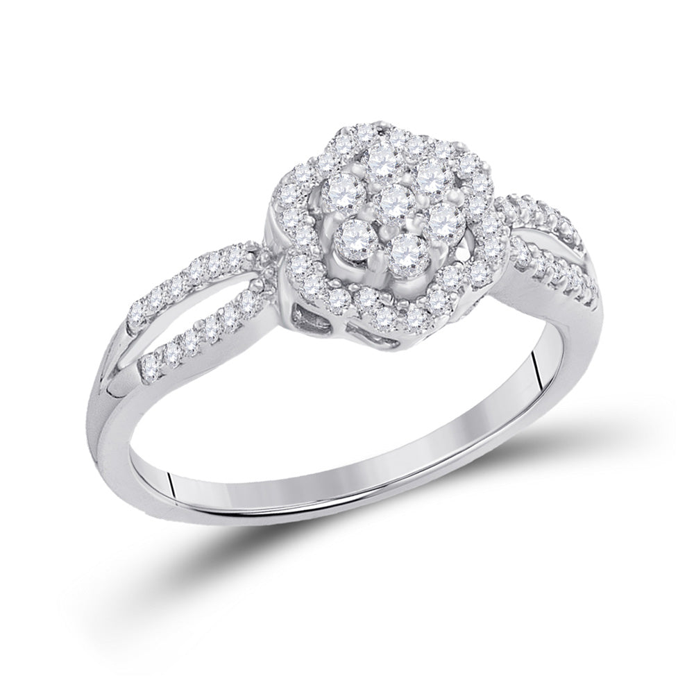 10K White Gold Womens Round Diamond Flower Cluster Ring 1/3 Cttw, Womens Size: 5-10