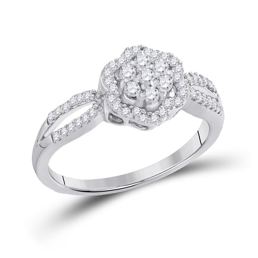 10K White Gold Womens Round Diamond Flower Cluster Ring 1/3 Cttw, Womens Size: 5-10