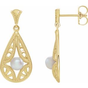 14K Yellow Gold Pearl 4.0-4.5 Mm Cultured White Freshwater Pearl Dangle Earrings