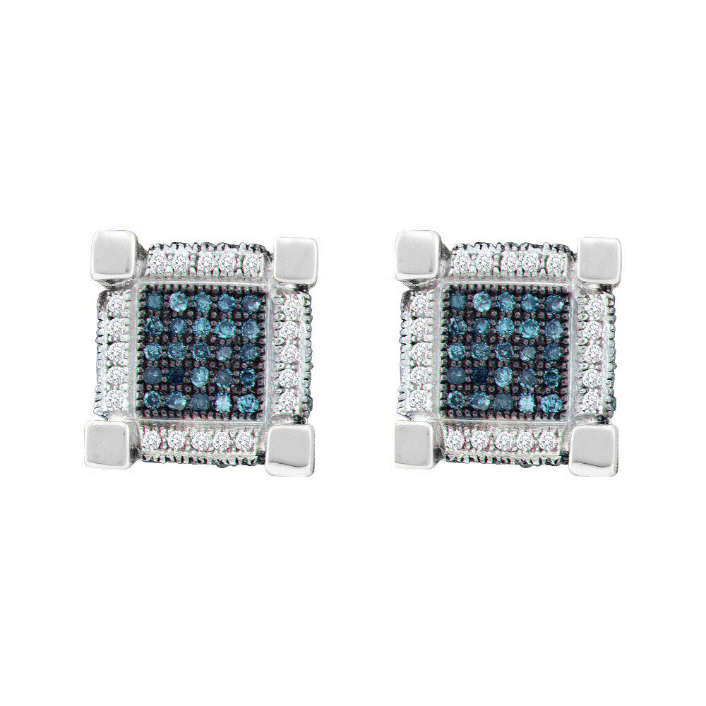 10K White Gold Round Blue Color Enhanced Diamond 3D Cube Square Earrings 3/4 Cttw