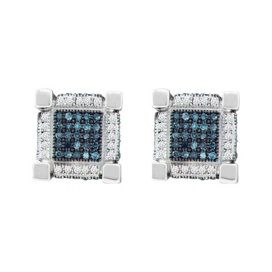 10K White Gold Round Blue Color Enhanced Diamond 3D Cube Square Earrings 3/4 Cttw