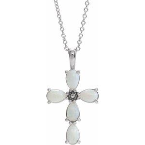14K White Gold Pear 5 X 3 Mm  Natural Cabochon White Opal Cross Necklace, Length: 18 In