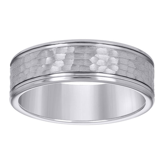Tungsten Hammered Finish Center Dual Offset Grooves Mens Comfort-fit 8mm Sizes 7 - 14 Wedding Band