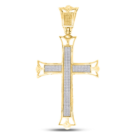 10K Yellow Gold Mens Round Diamond Cross Charm Pendant 1 Cttw, Length: 3.13 In, Width: 1.69 In
