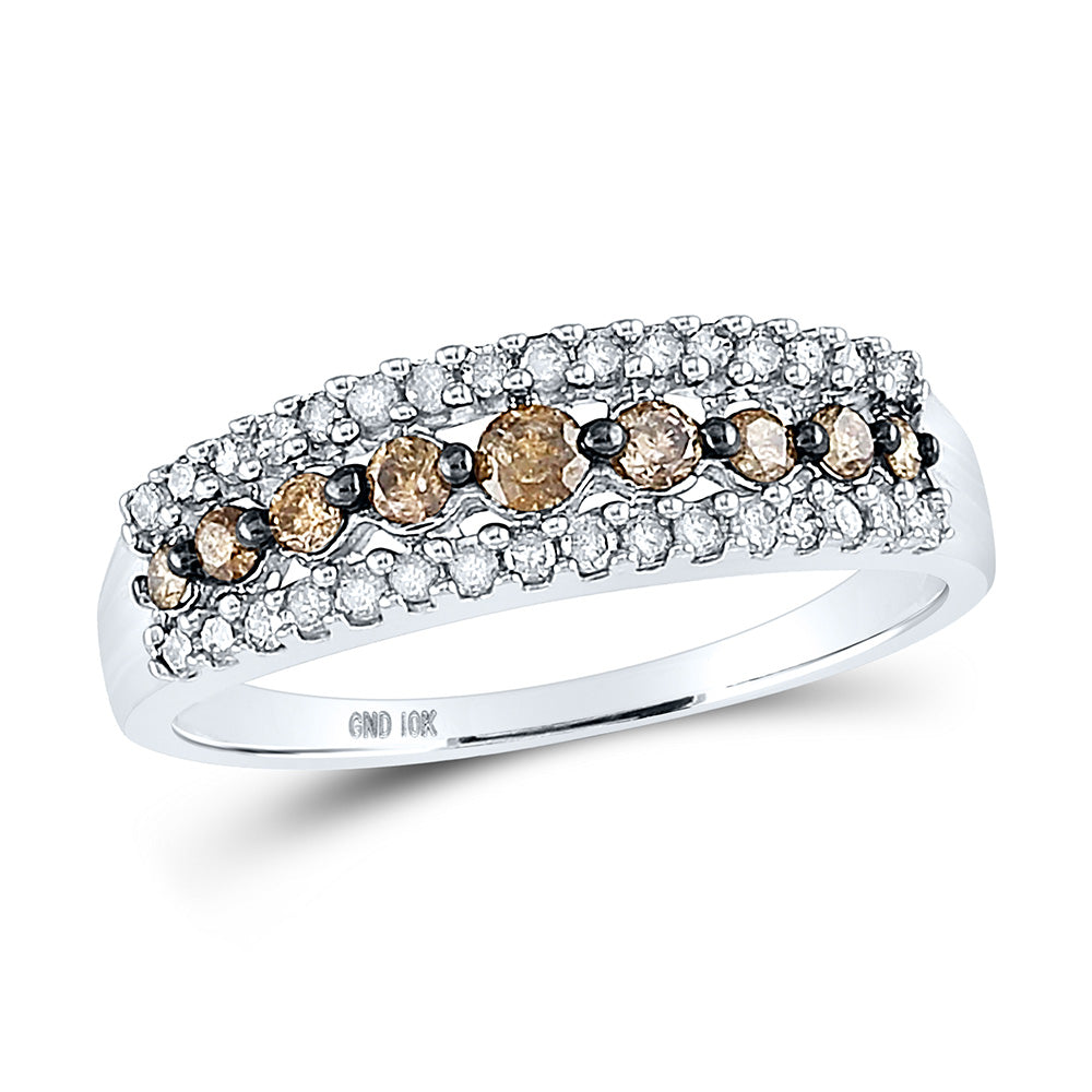 10K White Gold Womens Round Brown Diamond Triple Row Band Ring 1/2 Cttw, Womens Size: 5-10
