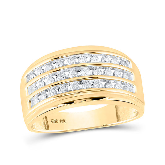 10K Yellow Gold Mens Round Diamond Triple Row Band Ring 1/2 Cttw, Mens Size: 7-13