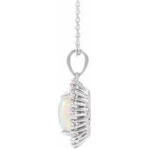 14K White Gold Oval 8 X 6Mm  1/3 Ctw Natural Diamond Semi-Set Cabochon Necklace, Length: 18 In