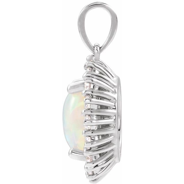 14K White Gold Oval  8 X 6Mm  I1, G-H Polished Natural Ethiopian Opal And 1/3 Ctw Natural Diamond Pendant