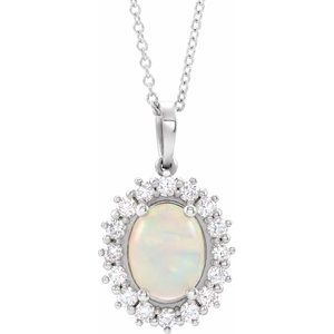 14K White Gold Oval 8 X 6Mm  1/3 Ctw Natural Diamond Semi-Set Cabochon Necklace, Length: 18 In