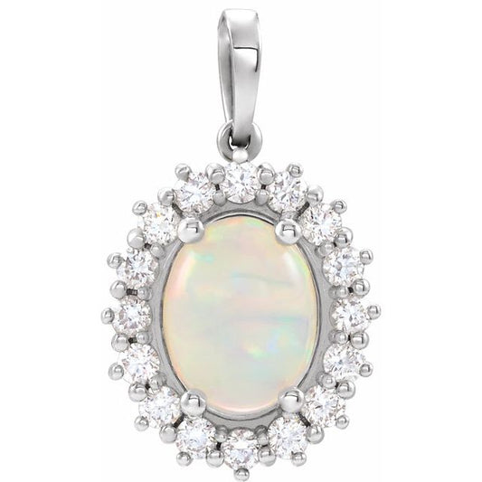 14K White Gold Oval  8 X 6Mm  I1, G-H Polished Natural Ethiopian Opal And 1/3 Ctw Natural Diamond Pendant
