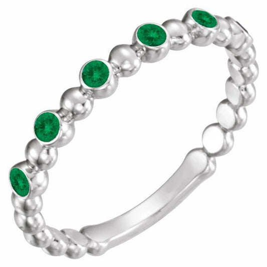 14K White Gold Round 1.75 Mm Polished Natural Emerald Stackable Ring, Size 7