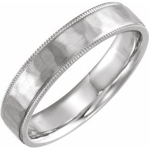 10K White Gold 5 Mm Polished Flat Comfort-Fit Milgrain Satin And Hammer Finish Size 8