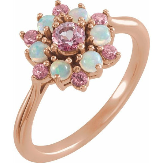 14K Rose Gold Round 4 Mm Polished Natural Pink Tourmaline And Natural Ethiopian Opal Floral Ring, Size 7