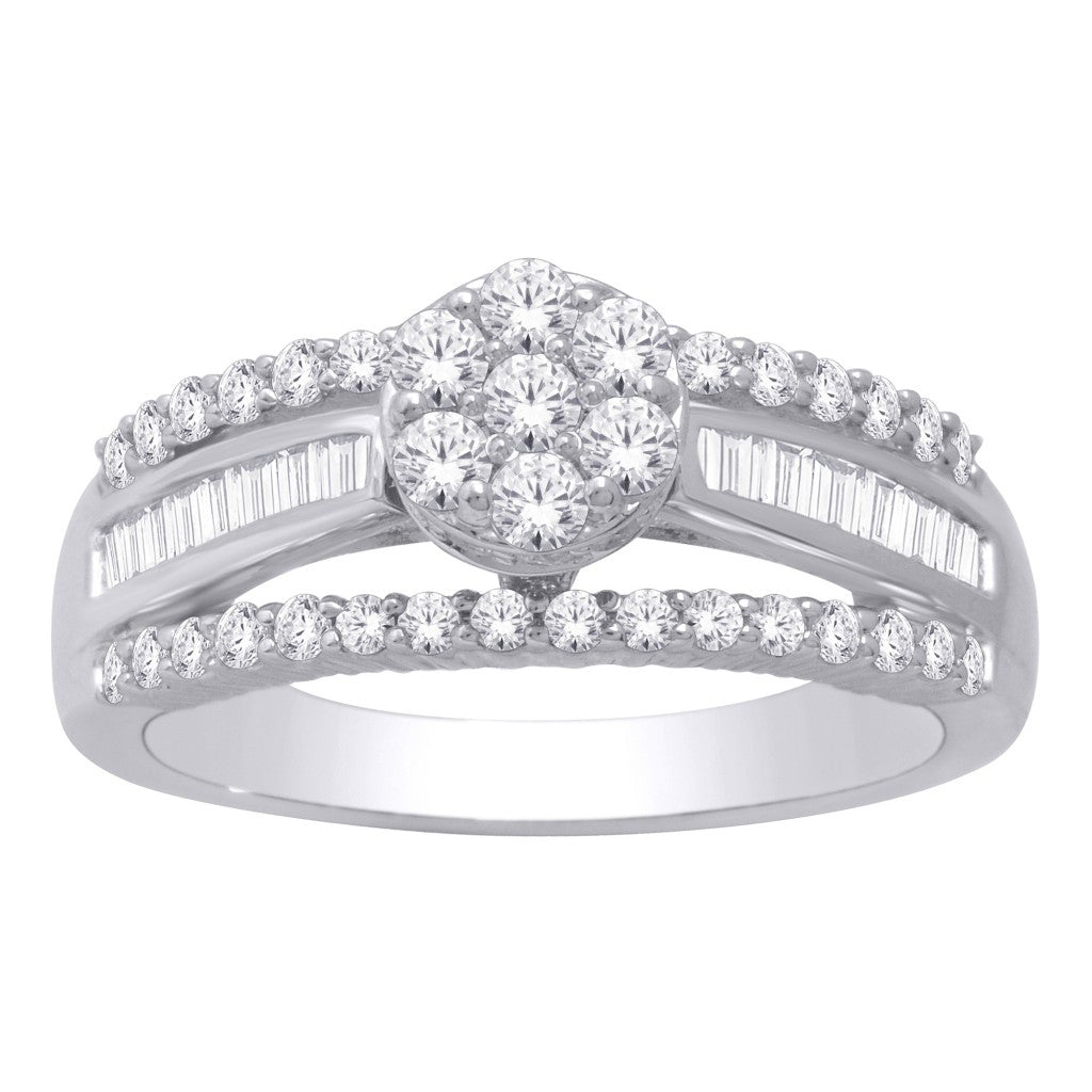 14K White Gold 0.24-0.25 Cttw Baguette And Round Diamonds Ladies Ring