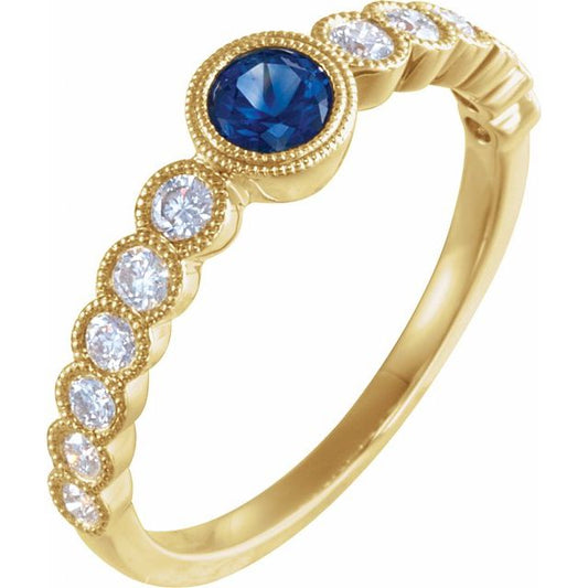 14K Yellow Gold Round 4 Mm Polished Natural Blue Sapphire And 1/2 Ctw Natural Diamond Ring, Size 6