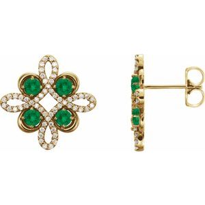 14K Yellow Gold Round 2.5 Mm Natural Emerald And 1/4 Ctw Natural Diamond Earrings