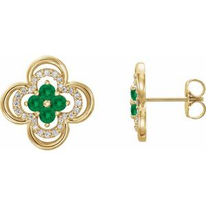 14K Yellow Gold Round 2.5 Mm Natural Emerald And 1/5 Ctw Natural Diamond Earrings