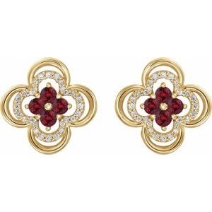 14K Yellow Gold Round 2.5 Mm Natural Ruby And 1/5 Ctw Natural Diamond Earrings