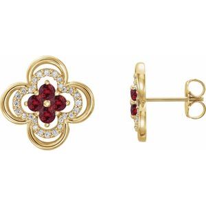 14K Yellow Gold Round 2.5 Mm Natural Ruby And 1/5 Ctw Natural Diamond Earrings