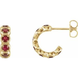 14K Yellow Gold Round 2.5 Mm Natural Mozambique Garnet Hoop Earrings