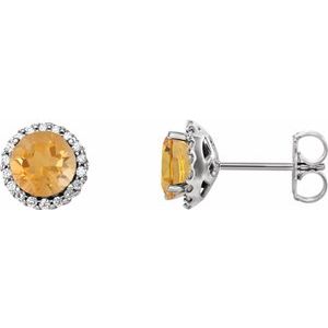 14K White Gold Round 3 Mm Natural Citrine And 1/10 Ctw Natural Diamond Earrings