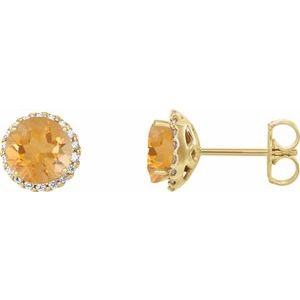 14K Yellow Gold Round 5.5 Mm Natural Citrine And 1/8 Ctw Natural Diamond Earrings