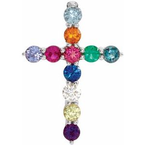 14K White Gold Round 14.6 X 10.5 Mm 1.8Mm G-H I1 Natural Multi-Gemstone Cross Pendant