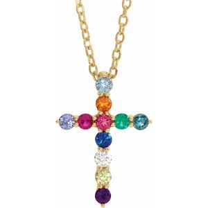 14K Yellow Gold Round 14.6 X 10.5 Mm 1.8Mm G-H I1 Natural Multi-Gemstone Cross Necklace, Length: 18 In