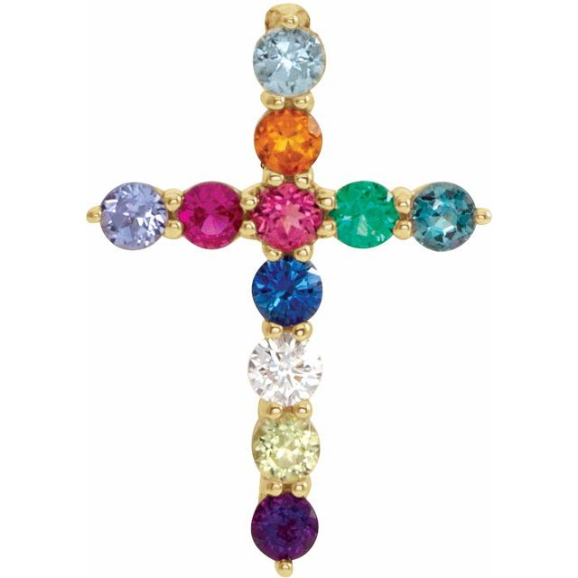 14K Yellow Gold Round  14.6 X 10.5 Mm 1.8Mm I1, G-H Polished Natural Multi-Gemstone & .03 CT Natural Diamond Cross Pendant